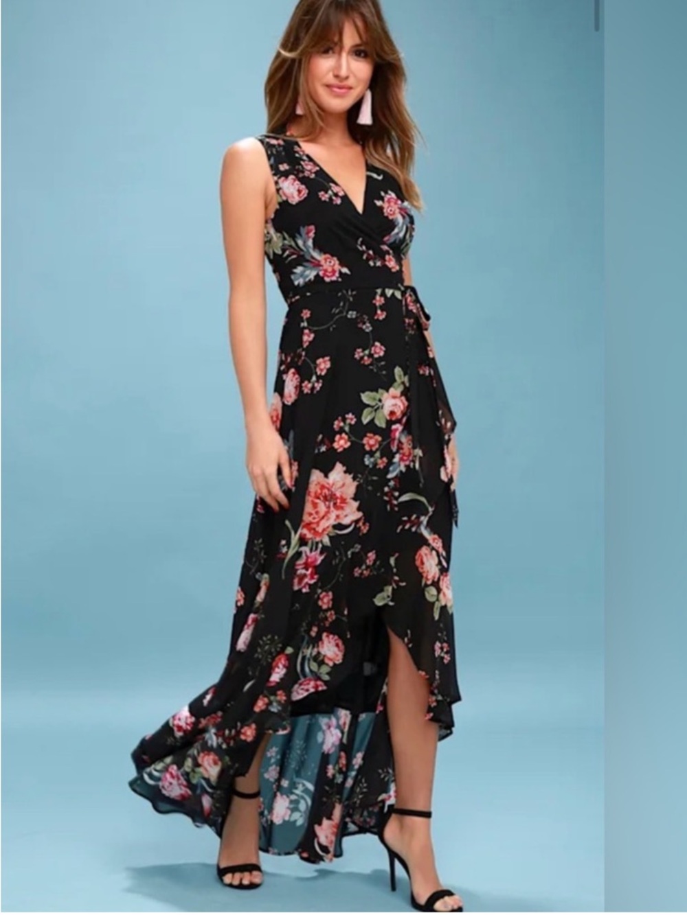 Lulus Sz XL Tawny Black Floral Print Wrap Maxi Dress